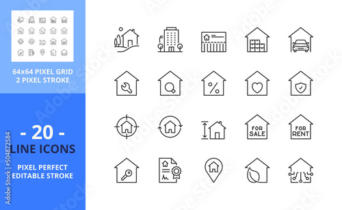 Line icons about homes and real estate. Pixel perfect 64x64 and editable stroke