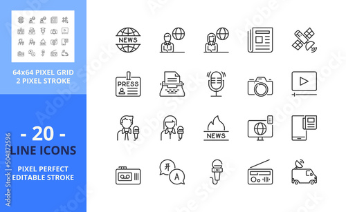 Line icons about journalism and news. Pixel perfect 64x64 and editable stroke