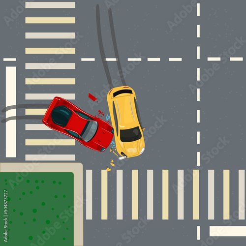 Road accident. Crash on city crossroad top view. Street junction and wreck auto.Broken vehicles after collision in intersection. Rules of road and regulations.Traffic violation of priority turn.Vector