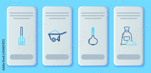 Set line Wheelbarrow with dirt, Onion, Garden rake and Bag of flour icon. Vector