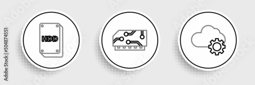 Set line Cloud technology data transfer and storage, Hard disk drive HDD and RAM, random access memory icon. Vector