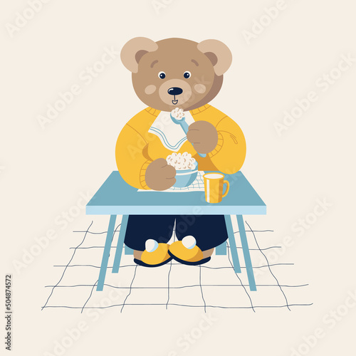 Cute bear eats porridge for breakfast, children's illustration