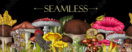 Seamless horizontal vector pattern mushroom forest in engraving style. Graphic linear fly agaric, chanterelles, porcini mushrooms, honey mushrooms, morel, mycena, russula, boletus