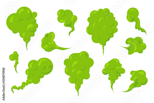 Bad smeeling clouds set. Green fart toxic smoke. Cartoon stinky old nasty odor fumes poison gas. Dirt aroma stench. Vector concept isolated on white background