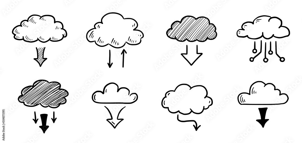 Doodle data server cloud set. Hand drawn sketch style cloud, arrow for internet database, digital storage concept. Vector illustration.