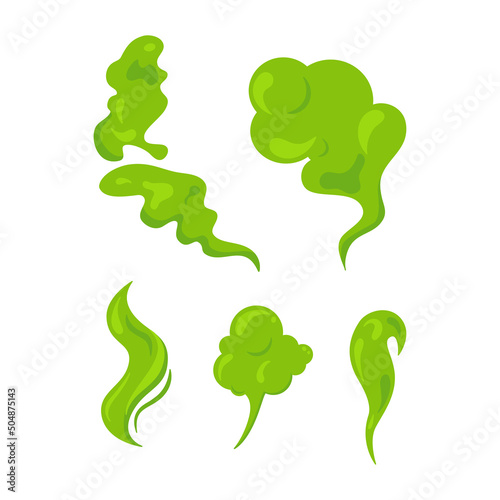 Bad smeeling clouds set. Green fart toxic smoke. Cartoon stinky old nasty odor fumes poison gas. Dirt aroma stench. Vector concept isolated on white background