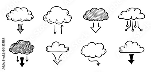 Doodle data server cloud set. Hand drawn sketch style cloud, arrow for internet database, digital storage concept. Vector illustration.
