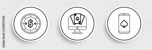 Set line Online poker table game, Casino chip with dollar and icon. Vector