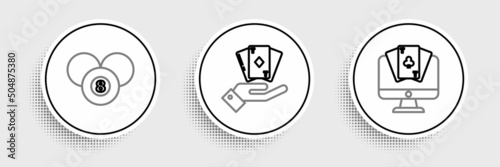 Set line Online poker table game, Billiard pool snooker 8 ball and Hand holding deck of playing cards icon. Vector