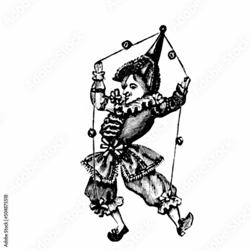 Retro clown doll. Polichinelle. Halftone style. Vintage vector illustration.