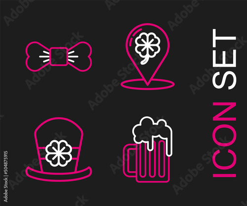 Set line Wooden beer mug, Leprechaun hat and four leaf clover, Location and Bow tie icon. Vector