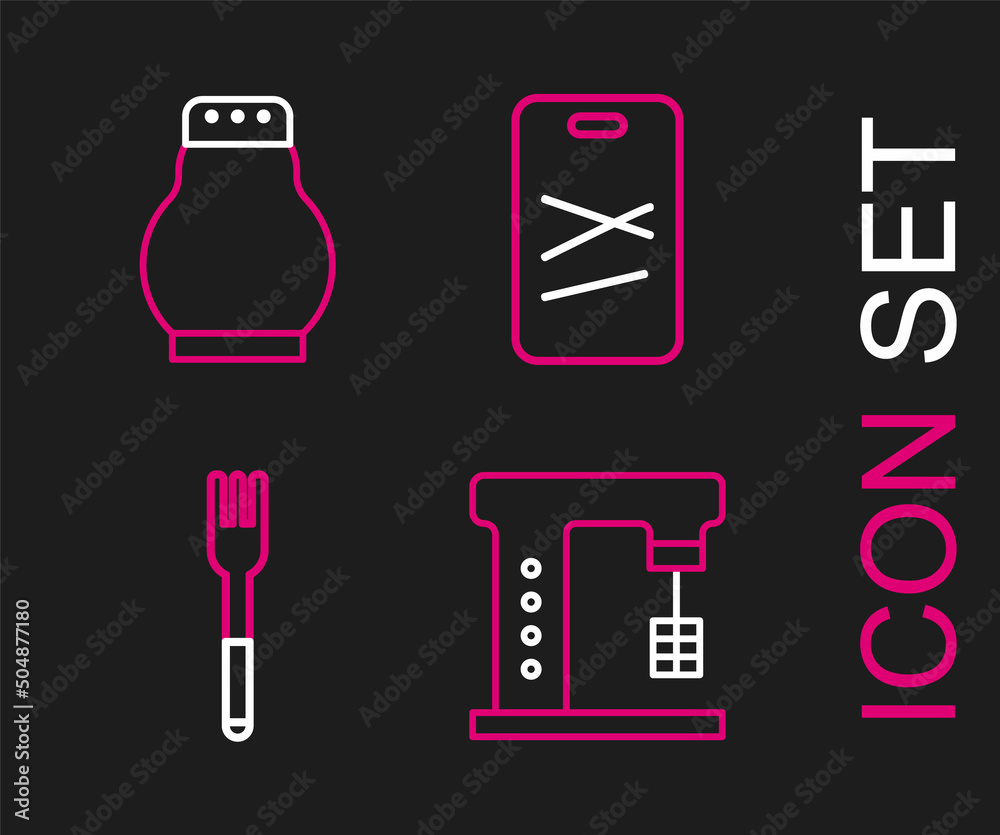Set line Electric mixer, Fork, Cutting board and Salt and pepper icon. Vector Set line Electric mixer, Fork, Cutting board and Salt and pepper icon. Vector