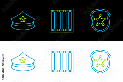 Set line Police badge, cap with cockade and Prison window icon. Vector