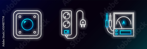 Set line Ampere meter, multimeter, voltmeter, Electric light switch and extension cord icon. Glowing neon. Vector