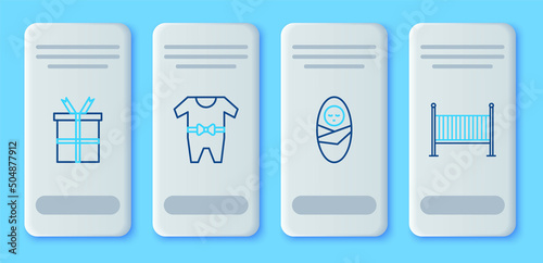 Set line Baby clothes, Newborn baby infant swaddled, Gift box and crib cradle bed icon. Vector