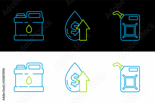 Set line Canister for gasoline, motor machine oil and Oil price increase icon. Vector