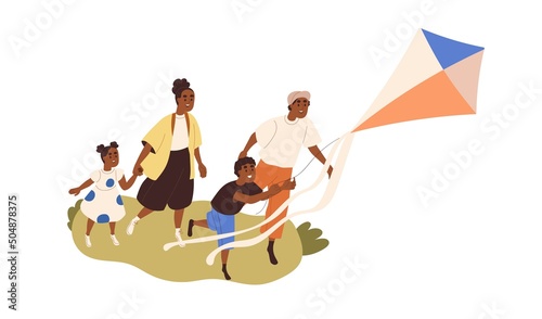 African-American family with kids fly kite together. Mom, dad, children during outdoor leisure, entertainment on summer vacation, holiday. Flat graphic vector illustration isolated on white background