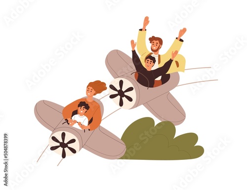 Happy family with children during rollercoaster ride in amusement park. Parents and kids in roller coaster. Summer fun and leisure activity. Flat vector illustration isolated on white background