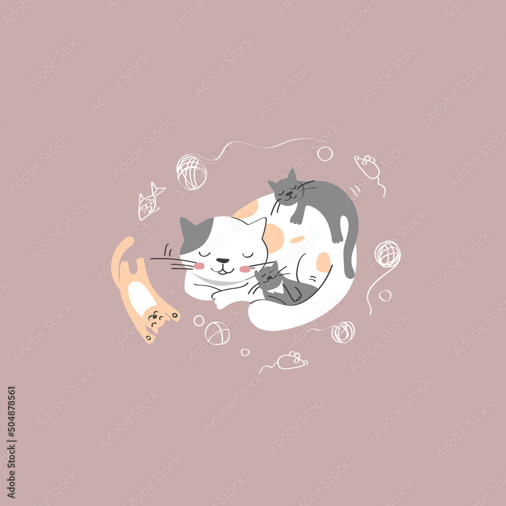 cute vector illlustration with Mama Cat and little kittens cute vector illlustration with Mama Cat and little kittens