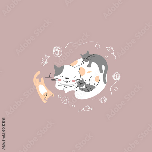 cute vector illlustration with Mama Cat and little kittens