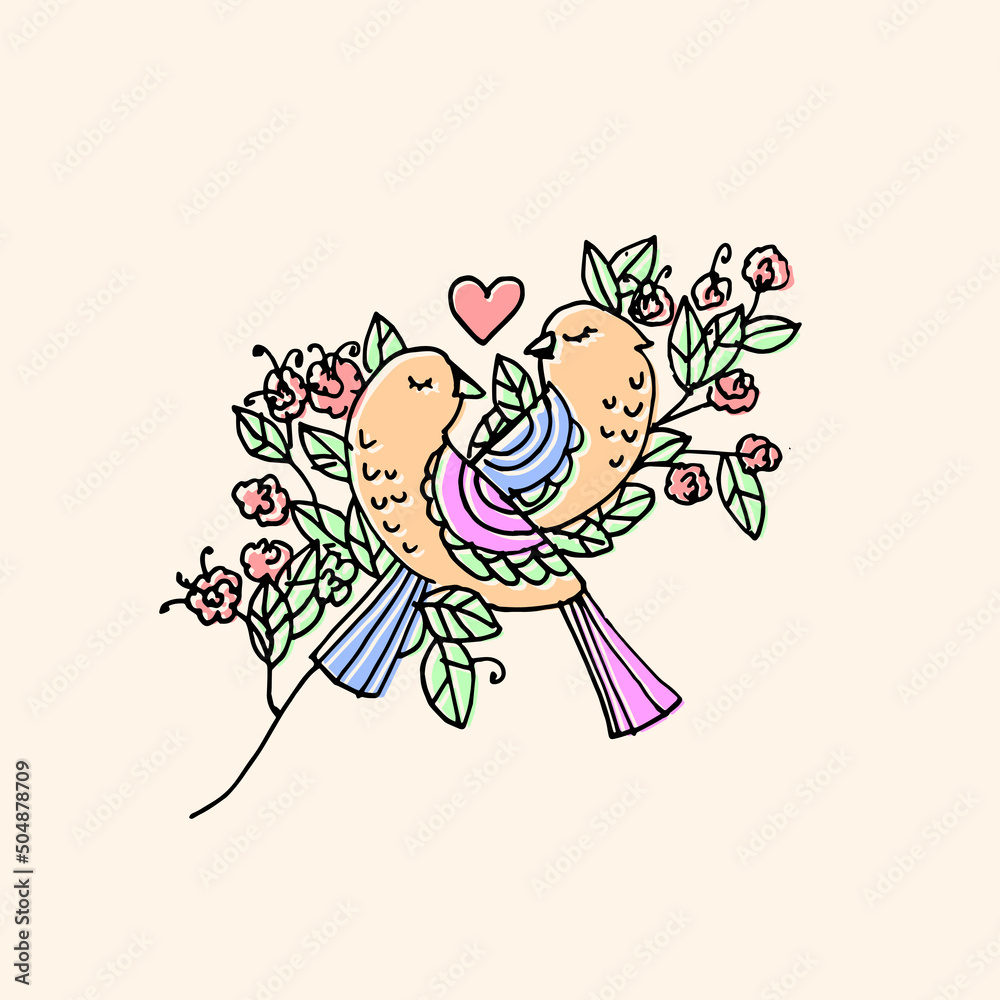 cute doodle vector illustration with two birds in love 
