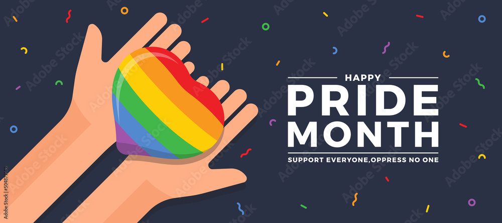 Happy pride month - top view hands hold rainbow pride haert on dark ...