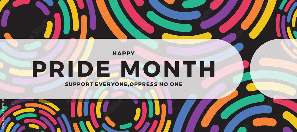 Happy pride month text on white tab bar on abstract colorful circle ring line texture background vector design