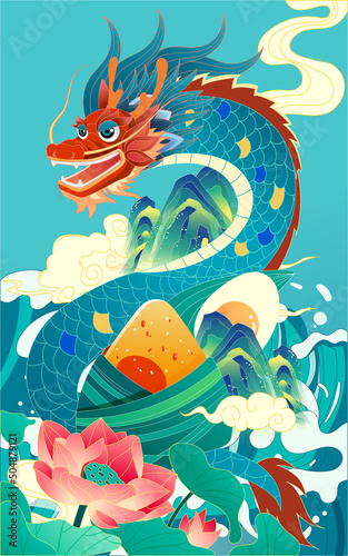 Dragon boat race on dragon boat festival  eating rice dumplings  celebrating traditional festival activities  Chinese dragon  vector illustration