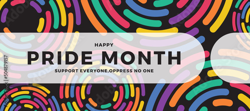 Happy pride month text on white tab bar on abstract colorful circle ring line texture background vector design