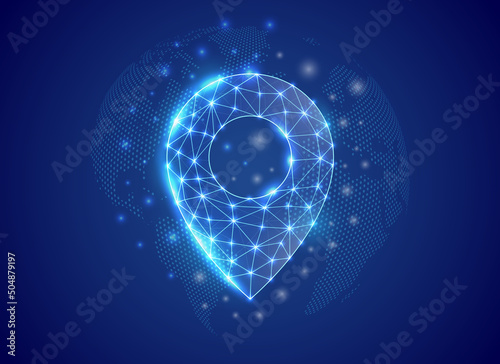 Location pin 3d low poly symbol with world map background. Gps navigation concept design illustration. Delivery polygonal symbol with connected dots