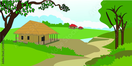 A village and a few houses in the village made of thatched roof and mud walls by the river.