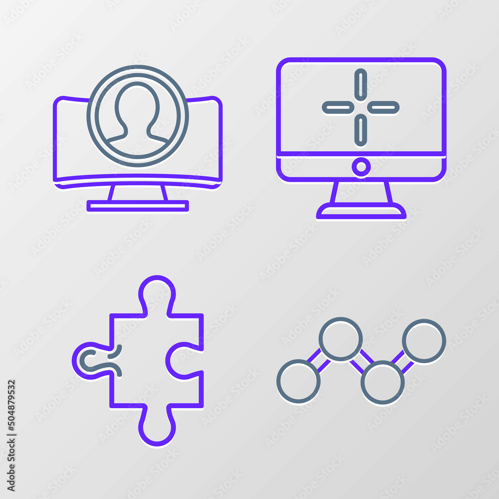 Set line Share, Piece of puzzle, Computer monitor and Create account screen icon. Vector Set line Share, Piece of puzzle, Computer monitor and Create account screen icon. Vector