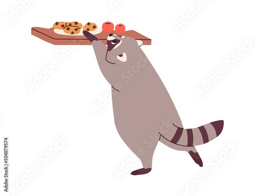 Cute raccoon stealing food, sneaking cookies. Funny racoon pulling biscuits off table, stretching to sweets. Adorable lovely wild animal. Flat vector illustration isolated on white background