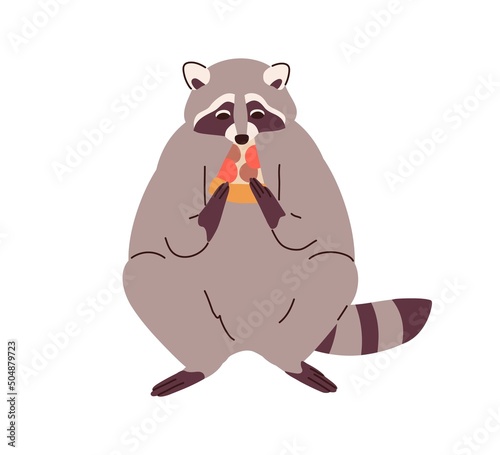 Cute raccoon eating pizza piece. Funny adorable racoon with food slice in paw...