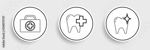 Set line Tooth whitening concept, First aid kit and Dental clinic for dental care tooth icon. Vector