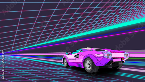 Retro future. 80s style sci-fi background with supercar. Futuristic retro car. Vector retro futuristic synth illustration in 1980s posters style