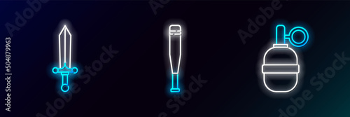 Set line Hand grenade, Medieval sword and Baseball bat icon. Glowing neon. Vector