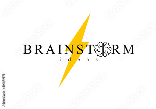 Brainstorm concept vector logo or icon, human brain and lightning bolt simple symbol, flat modern style.