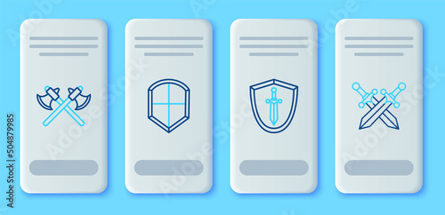 Set line Shield, Medieval shield with sword, Crossed medieval axes and icon. Vector