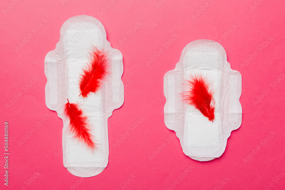 Women hygiene products or Sanitary pad with red feather on colored background. Pastel color. Closeup. Empty place for text. Female daily hygiene Women hygiene products or Sanitary pad with red feather on colored background. Pastel color. Closeup. Empty place for text. Female daily hygiene