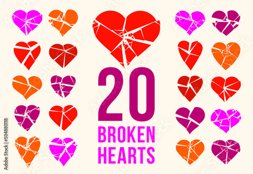 Hearts broken to pieces like a glass vector logos or icons set, broken heart concept, breakup or divorce, heartbreak regret, separated couple, tragic love.