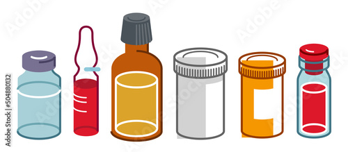 Set of medical bottles and vials vector flat style illustration isolated over white, meds drugstore concept, apothecary prescription medicament flagons and ampules.