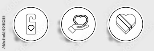 Set line Candy in heart shaped box, Please do not disturb with and Heart on hand icon. Vector
