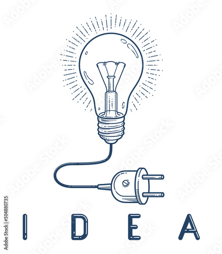 Light bulb idea with electric plug vector simple linear icon, lightbulb science and business line art symbol, creative solutions.