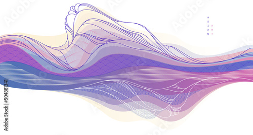 Oriental Japanese style vector abstract illustration, background in Asian traditional style, wavy shapes and mountains terrain, runny like sea lines.