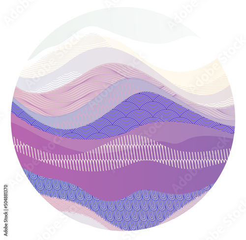 Nature art oriental Japanese style vector abstract background in a shape of circle, runny like water shapes and lines with textures.