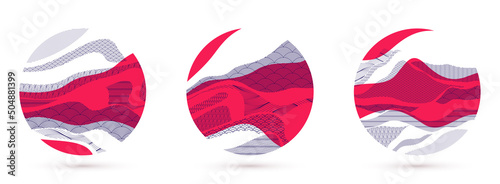 Nature art oriental Japanese style vector abstract backgrounds set in red color in a shape of circle, runny like water shapes and lines with textures.