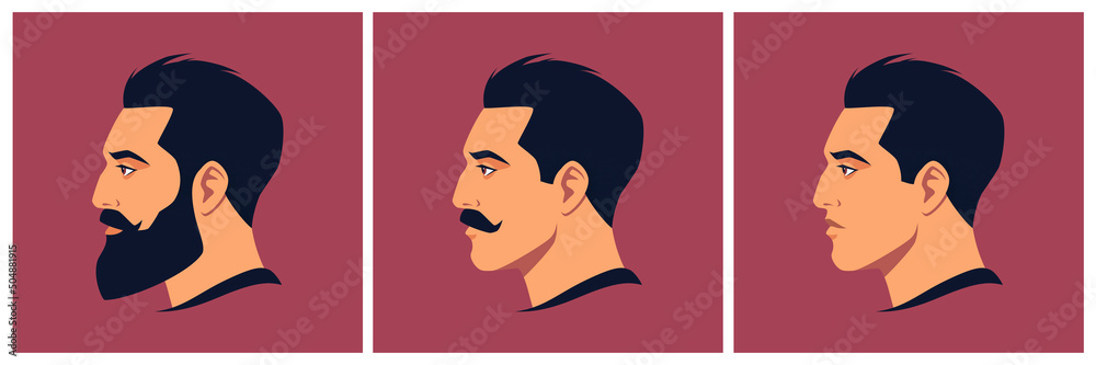Head of bearded, moustached and shaved man in profile. Portrait of bearded brunet man. Abstract male portrait, face side view. Stock vector illustration in flat style. Head of bearded, moustached and shaved man in profile. Portrait of bearded brunet man. Abstract male portrait, face side view. Stock vector illustration in flat style.