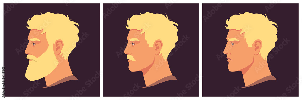 Head of bearded, moustached and shaved man in profile. Portrait of bearded blond man. Abstract male portrait, face side view. Stock vector illustration in flat style. Head of bearded, moustached and shaved man in profile. Portrait of bearded blond man. Abstract male portrait, face side view. Stock vector illustration in flat style.