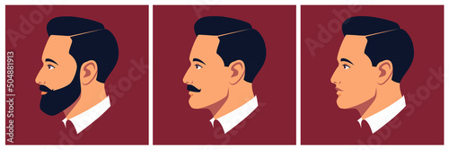 Head of bearded, moustached and shaved man in profile. Portrait of bearded brunet man. Abstract male portrait, face side view. Stock vector illustration in flat style